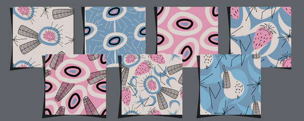 Mid-Century Modern style design seamless pattern. A set of patterns with abstraction and fruit in a retro vintage style.