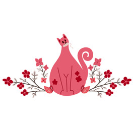 Cute pink cat with mouse toys and flowers on the branches. Delicate flat illustration of playing pet with floral pattern on a white background. Vector tender card with kitten and sakura