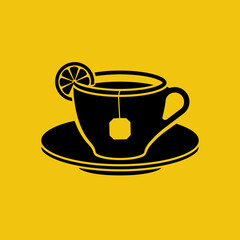 Cup of tea silhouette. Brewed bag tea with lemon. Black icon isolated. Time relax. Vector illustration flat design. Hot drink in mug in cold season. Logo tea shop. Element of menu template.