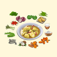 Gulai Peukasam Drien And Ingredients Illustration. Sketch And Vector Style. Traditional Food From Aceh. Good to use for restaurant menu, recipe book, and food concept.