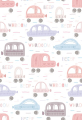 Cute delicate childish pattern with hand drawn cars with tribal pattern and lettering on white background. Vector tender texture with machines in pastel color. Cartoon vehicles with words and lines