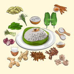 Nasi Gurih And Ingredients Illustration, Sketch And Vector Style, Traditional Food From Aceh, Good to use for restaurant menu. Indonesian cuisine, recipe book, and food element concept.
