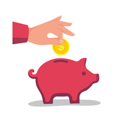Big hand putting coin into piggy bank. Vector illustration, flat design. Making saving. Cartoon style. Isolated on white background. Save money concept. Management business.