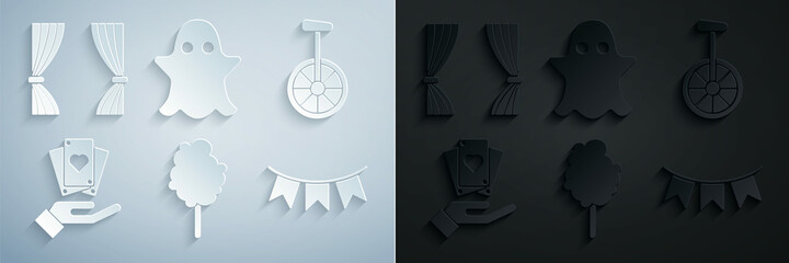 Set Cotton candy, Unicycle or one wheel bicycle, Hand holding playing cards, Carnival garland with flags, Ghost and Curtain icon. Vector © Oksana