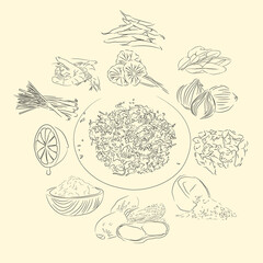 Sambal Oen Pegagan And Ingredients Illustration Sketch Style, Traditional Food From Aceh, Good to use for restaurant menu. Indonesian cuisine, recipe book, and food element concept.