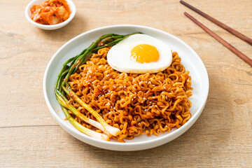 dried Korean spicy instant noodles with fried egg