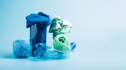 Empty plastic bottle and various fabrics made of recycled polyester fiber synthetic fabric on a...