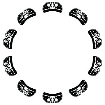 Round ethnic frame with Native American spiral motifs of Aleut Indians. Black and white silhouette.