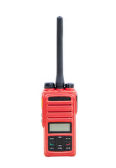 Red gadget, portable walkie talkie radio station, a receiving-transmitting device designed for operational communication. Isolated on white background, the concept of modern technologies.