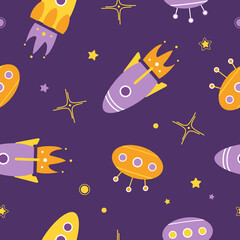 Bright childish seamless pattern. Cartoon style. Space, shuttle, ufo, stars, rockets. For nursery, wallpaper, printing on fabric, wrapping, background. In violet-yellow-orange colors. World UFO Day.