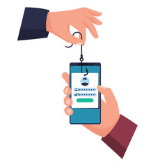 Hacked account. Smartphone in hand, hook in hand. Fraudster steals personal data. Account theft. Fishing hook, steals data from phone. Vector illustration flat design. Loss of personal information.