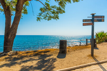 SIDE, TURKEY: View from the promenade in the city of Side to the Mediterranean Sea.