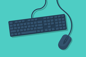 Keyboard and mouse. Computer equipment. Vector illustration flat design. Isolated on background. Office worker workplace.