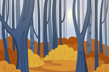 Autumn forest landscape with trees and bushes. Forest in autumn in blue and yellow colors. Simple vector illustration in flat style. 