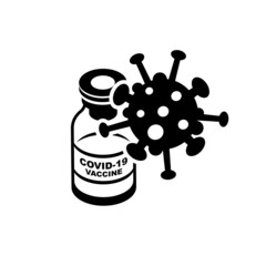 Vaccine covid 19 concept. Ampoule and coronavirus bacterium. Medicine in bottle. Injection from viruses. Laboratory sample in glass tube. Vector black icon design.