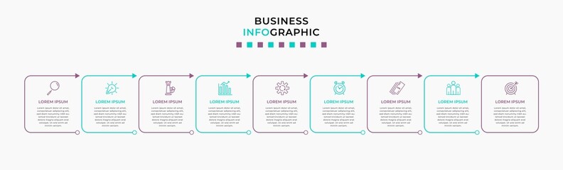 Fototapeta premium Vector Infographic design business template with icons and 9 options or steps. Can be used for process diagram, presentations, workflow layout, banner, flow chart, info graph
