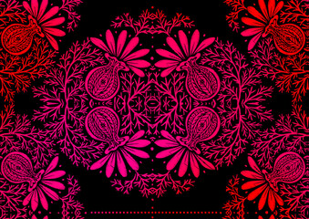 Tradition floral seamless pattern, damask vintage ornament. Royal victorian flourish wallpapper, luxury textile. Embroidery imitation in neon, fluorescent colors. Vector illustration.