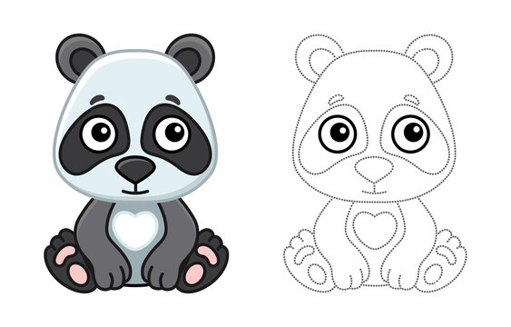 Zoo animal for children coloring book. Funny panda in a cartoon style. Trace the dots and color the picture