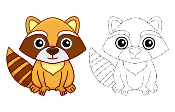 Zoo animal for children coloring book. Funny raccoon in a cartoon style. Trace the dots and color the picture