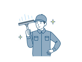 清掃業者　クリーニングスタッフ　ビルメン　スクイージーで磨く男性　ワイパー　イラスト素材