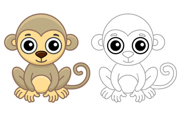Zoo animal for children coloring book. Funny monkey in a cartoon style. Trace the dots and color the picture