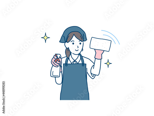 クリーニングスタッフ 家政婦 掃除 雑巾で拭く女性 イラスト素材 Wall Mural Senryu