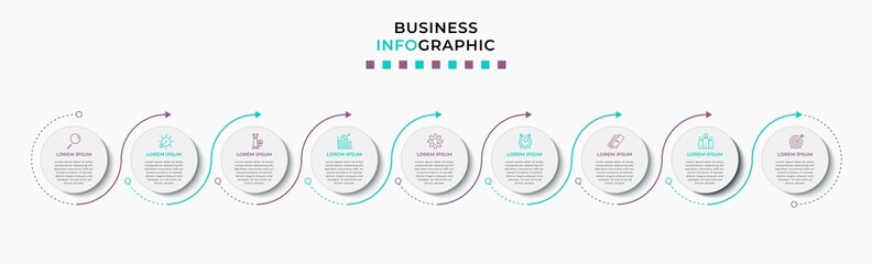 Vector Infographic design business template with icons and 9 options or steps. Can be used for process diagram, presentations, workflow layout, banner, flow chart, info graph