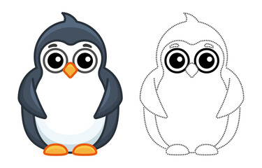 Zoo animal for children coloring book. Funny penguin in a cartoon style. Trace the dots and color the picture