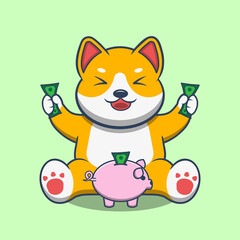 Shiba Inu Holding Money And save at Piggy Bank Cartoon Vector Icon Illustration.