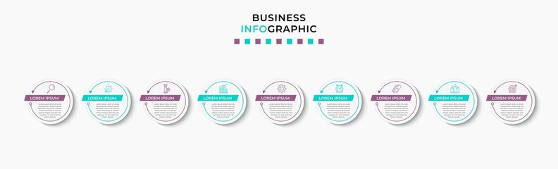 Fototapeta premium Vector Infographic design business template with icons and 9 options or steps. Can be used for process diagram, presentations, workflow layout, banner, flow chart, info graph