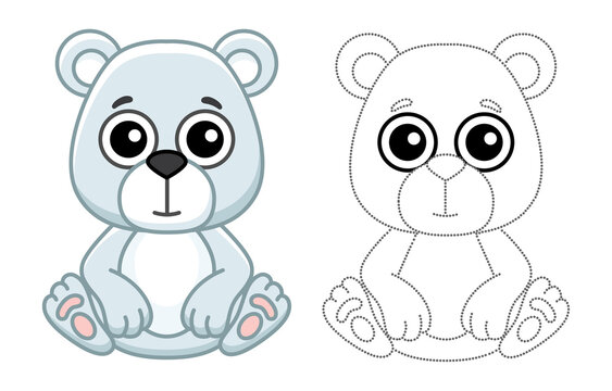 Zoo animal for children coloring book. Funny polar bear in a cartoon style. Trace the dots and color the picture