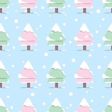 Cute of Spruce trees or Christmas tree with snow, pastel colour, vector seamless pattern. The concept for Christmas and winter Design season. Graphic flat design. © dul_ny