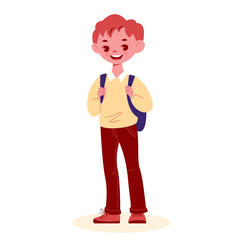 A schoolboy with a backpack is standing. Vector illustration in flat cartoon style. Isolated on a white background.