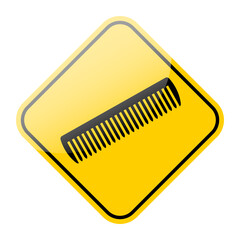 Comb silhouette icon. Hairbrush white symbol isolated on on yellow road sign frame. Vector illustration.