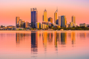 Plakat Sunrise view of Perth city buildings and the Swan River seen from Mill Point. The modern city of Perth is the state capital of Western Australia, Australia.