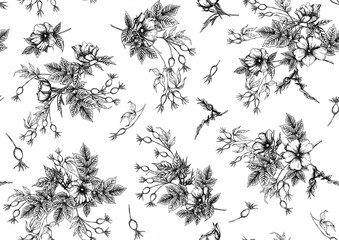 Rose hips with flowers and berries seamless pattern. Graphic drawing, engraving style. Vector illustration in black color on white background