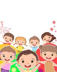 Children are joy. Frame. Happy childhood. Little boys and girls. Kid are having fun. Nice kid. Cartoon style. Isolated on white background. Vector