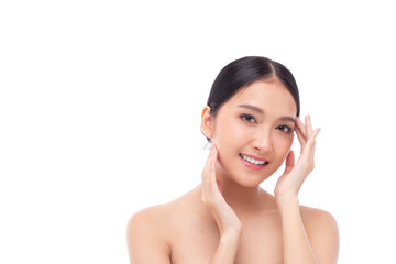 Beautiful spa Asian model girl with make up and beauty healthy skin color lips red and hair portrait. Beauty woman perfect face fresh clean skin portrait isolated on white background. Studio shot.