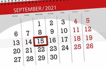 Calendar planner for the month september 2021, deadline day, 15, wednesday