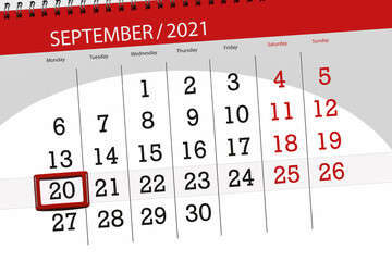 Calendar planner for the month september 2021, deadline day, 20, monday