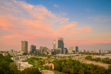 Fototapeta na wymiar Perth cityscape viewed at sunset from Kings Park. Perth is a modern and vibrant city and is the capital of Western Australia, Australia.