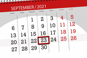 Calendar planner for the month september 2021, deadline day, 23, thursday