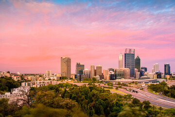 Perth cityscape viewed at sunset from Kings Park. Perth is a modern and vibrant city and is the capital of Western Australia, Australia.