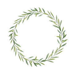 Watercolor olive branches wreath, frame isolated on white background. 