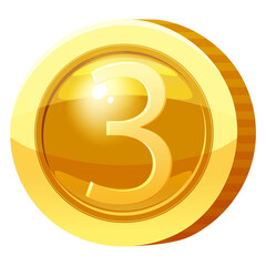 Gold Medal Coin Number 3 symbol. Golden token for games, user interface asset element. Vector illustration