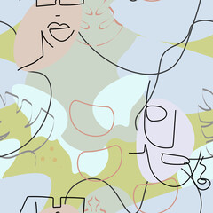 One line drawing. Abstract face seamless pattern.