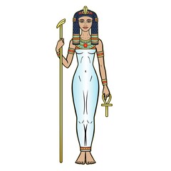 Animation color portrait Ancient Egyptian Goddess  holds symbols of power: staff and cross. Vector illustration isolated on a white background. 