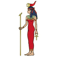 Animation portrait Ancient Egyptian goddess Selket holds symbols of power: staff and cross. Lord of the scorpions and the dead. Profile view. Vector illustration isolated on a white background. 