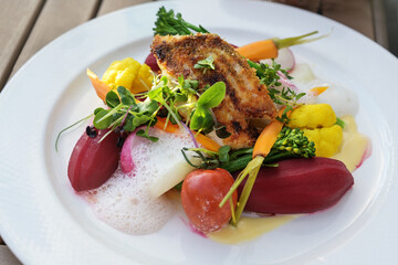 Fried fish on vegetables like carrots, cauliflower, beet and tomatoes with saffron sauce and foam, garnished with herbs and sprouts on a white plate