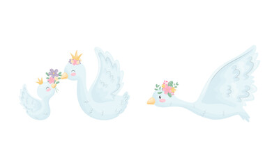 Beautiful White Swan or Goose with Golden Crown and Floral Wreath Vector Set